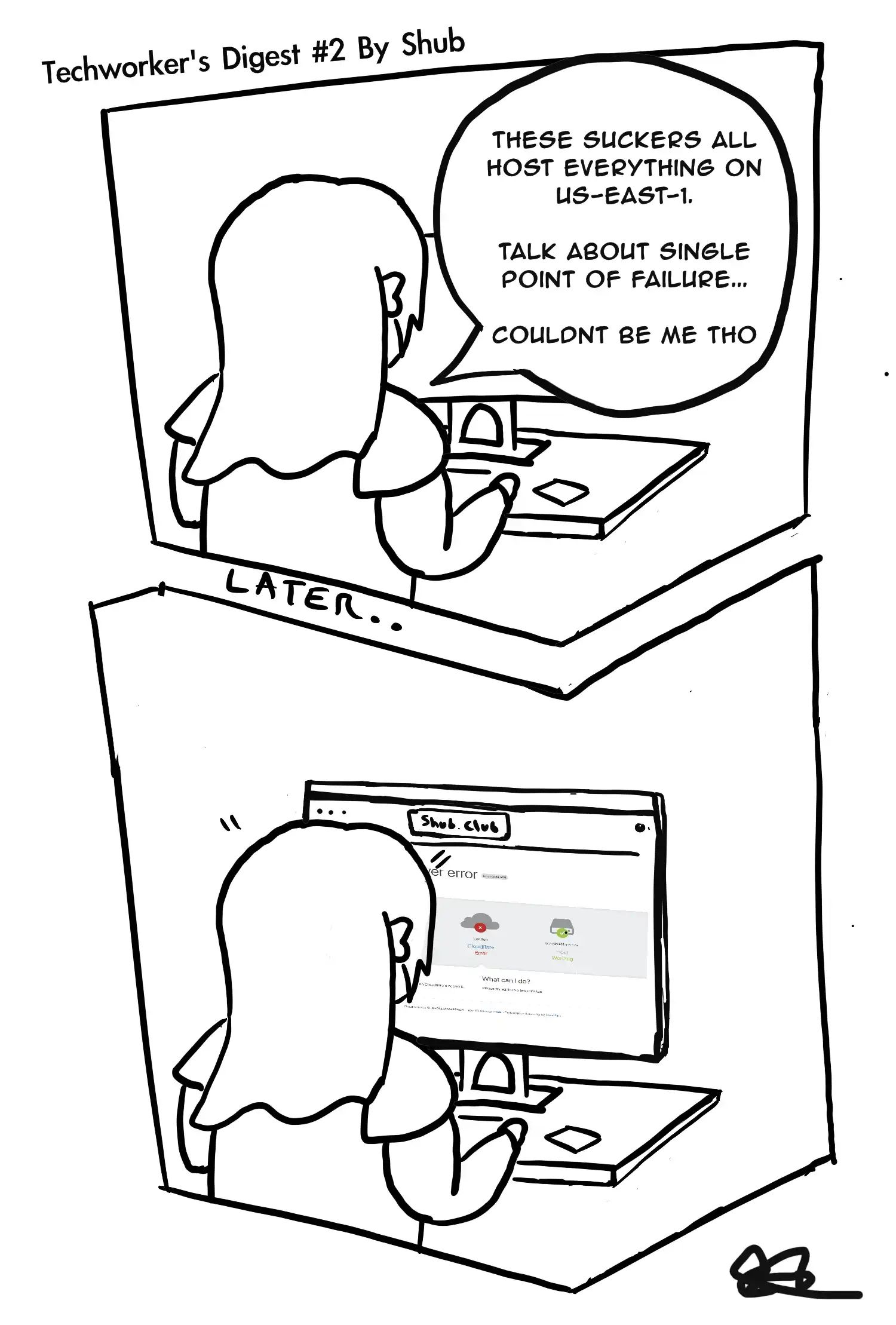 First Panel: These suckers all host everything on us-east-1.
Couldn’t be me tho.
Middle Text: Later
Bottom Panel: Picture of a me sweating at a computer that shows the shub.club cloudflare status page saying it's down. 