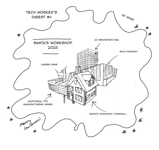 Single panel, foreground is Santa's classic workshop. Behind it is a GPU forge and an AI innovation center 