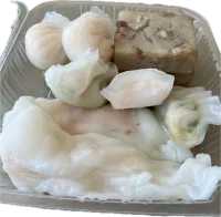 Har gow, shrimp rice rolls, vegetable dumplings, and taro cake