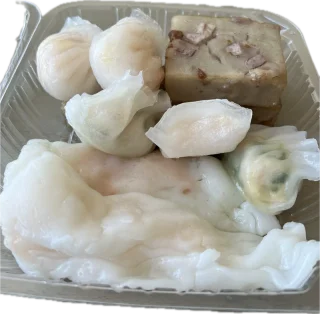 Har gow, shrimp rice rolls, vegetable dumplings, and taro cake